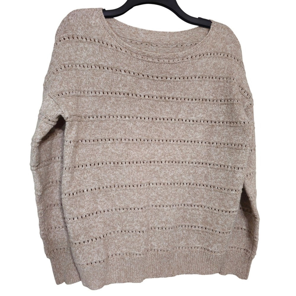 Lightweight Knit Sweater Beige Open Knit Striped Long Sleeve‎ Top Size S